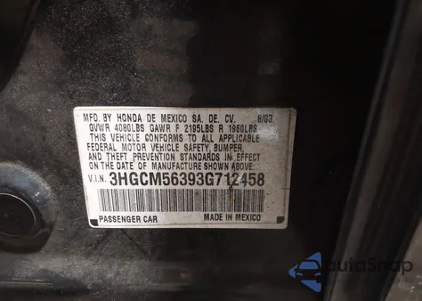 2003 Honda Accord 2.4 Lx из США, поврежденный, VIN 3HGCM56393G712458